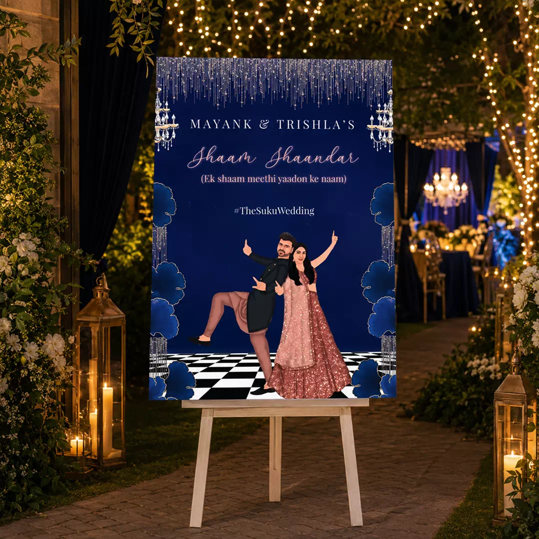 Illustrated Dancer Blue Haldi Welcome Board – Personalised Wedding Welcome Sign UAE - Image 2