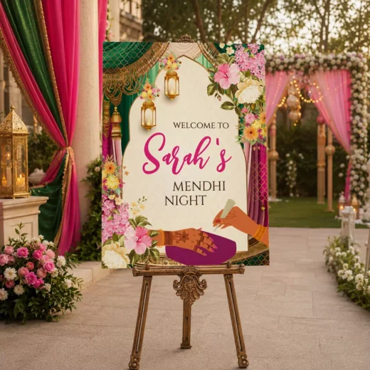 Palm Tree Sunset Mendhi Night Welcome Board – Personalised Wedding Welcome Sign UAE