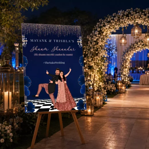 Illustrated Dancer Blue Haldi Welcome Board – Personalised Wedding Welcome Sign UAE
