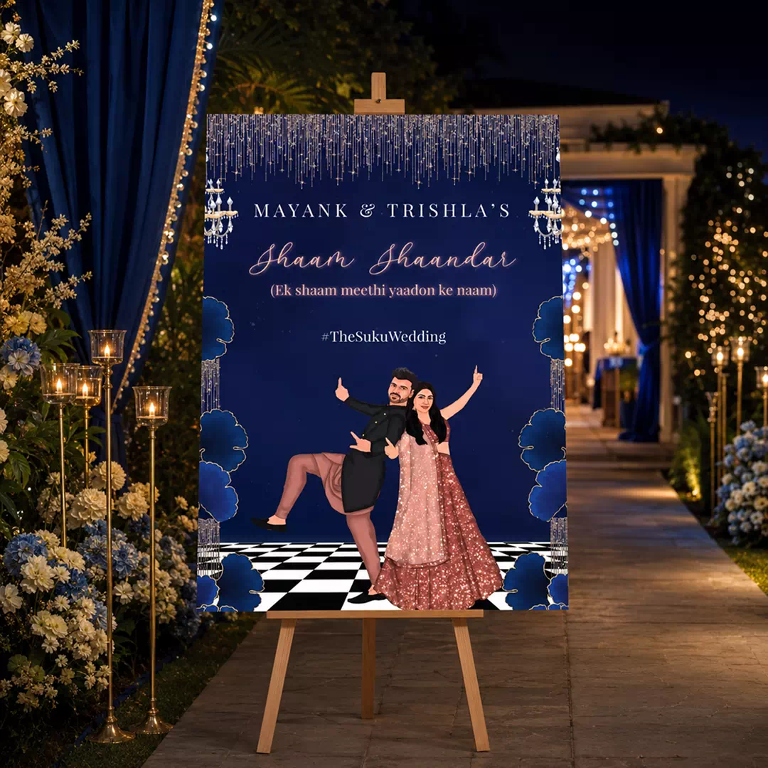 Illustrated Dancer Blue Haldi Welcome Board – Personalised Wedding Welcome Sign UAE - Image 4