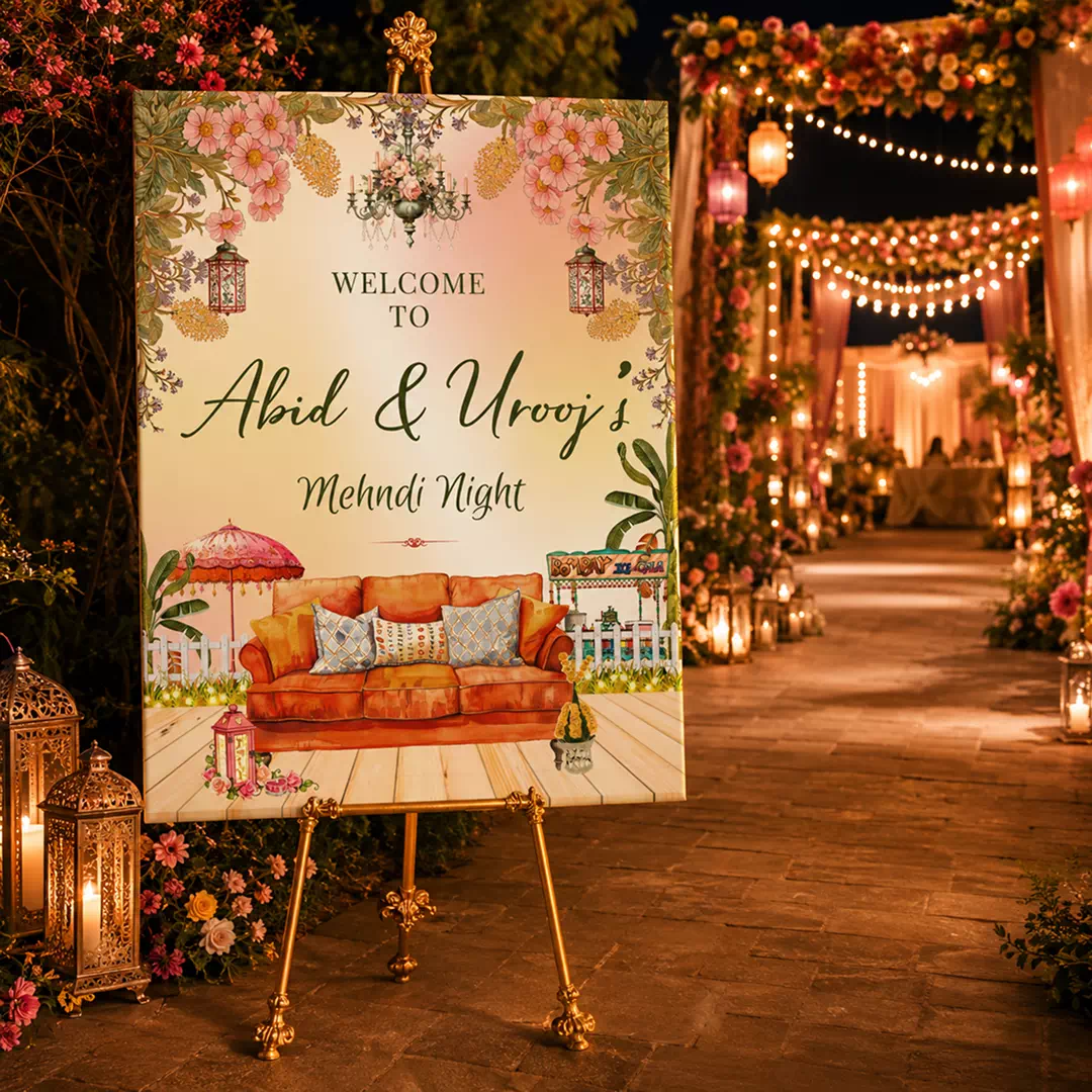 Illustrated Lounge Setup Mehndi Night Welcome Board – Personalised Wedding Welcome Sign UAE - Image 2