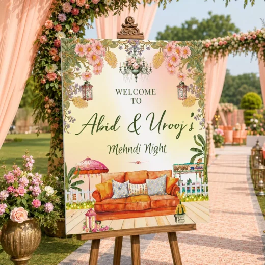 Illustrated Lounge Setup Mehndi Night Welcome Board – Personalised Wedding Welcome Sign UAE