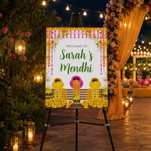 Illustrated Bride Yellow Mehndi Welcome Board – Personalised Wedding Welcome Sign UAE
