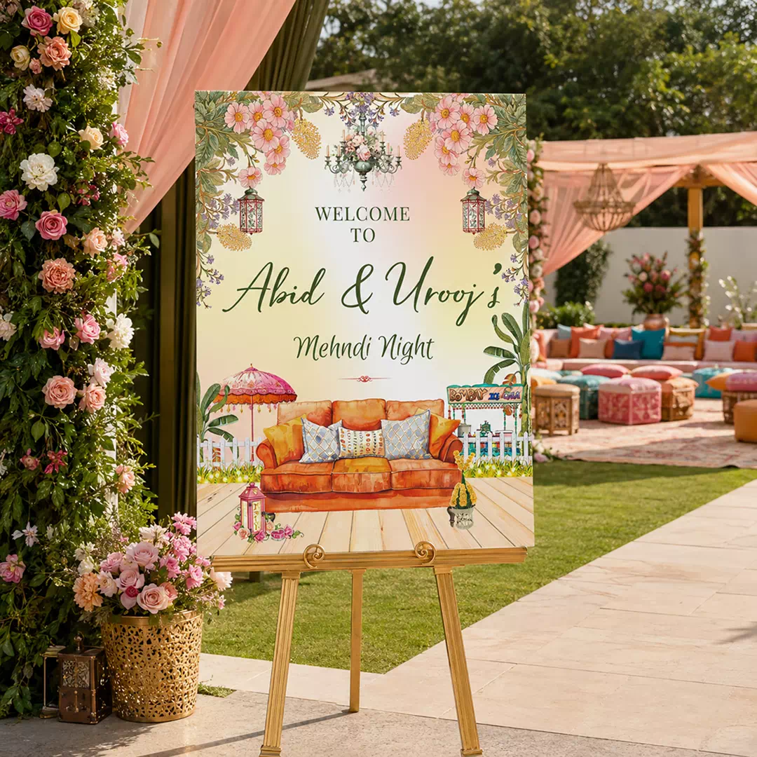 Illustrated Lounge Setup Mehndi Night Welcome Board – Personalised Wedding Welcome Sign UAE - Image 4