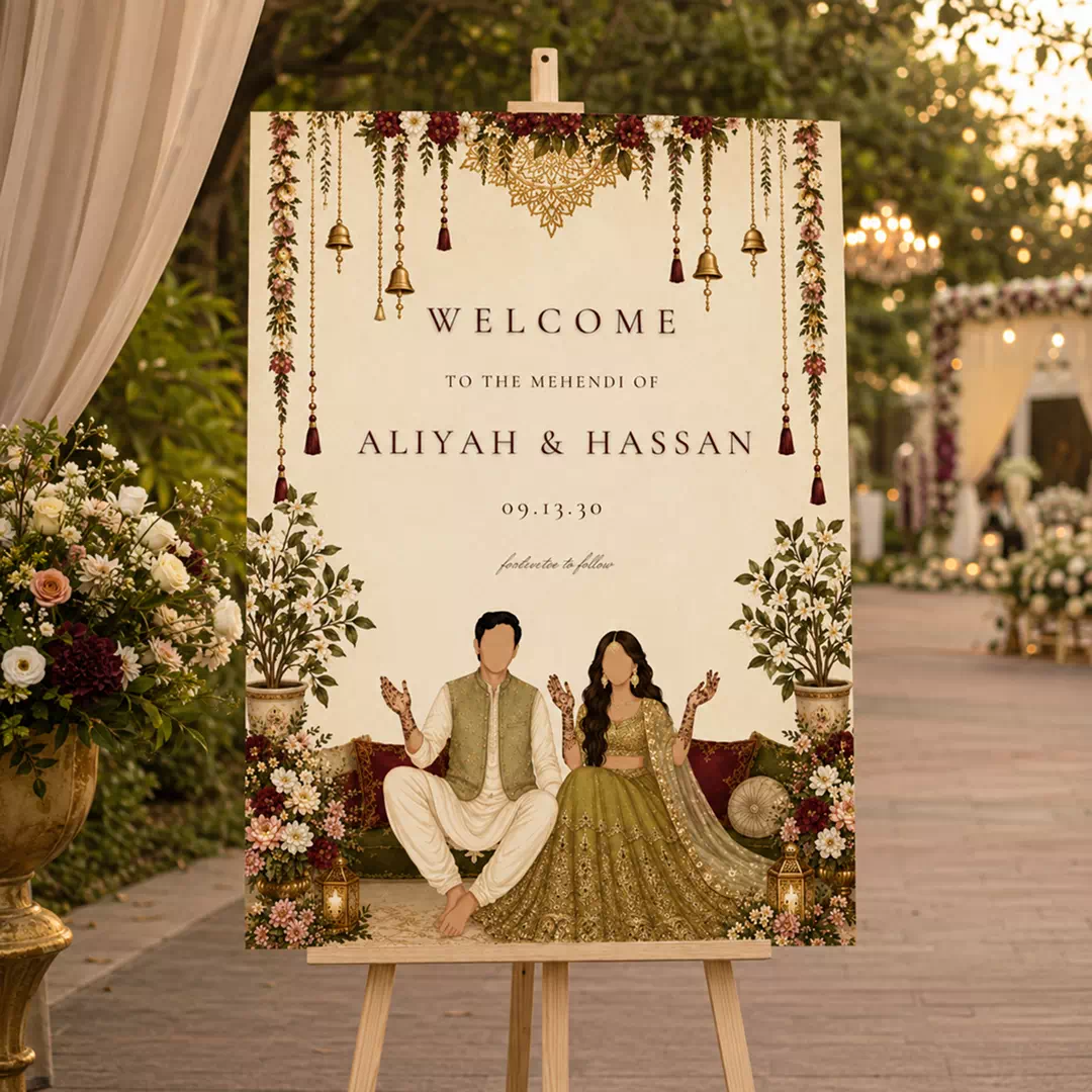 Illustrated Couple Traditional Wedding Welcome Board – Personalised Wedding Welcome Sign UAE - Image 2