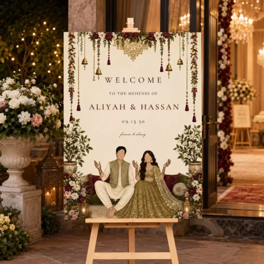 Illustrated Couple Traditional Wedding Welcome Board – Personalised Wedding Welcome Sign UAE