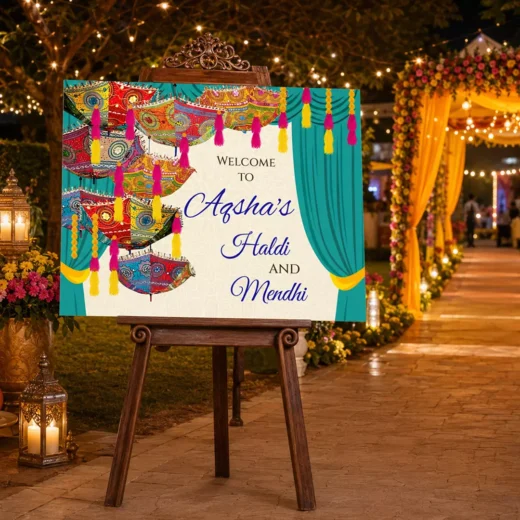 Colourful Couple Haldi & Mendhi Welcome Board – Personalised Wedding Welcome Sign UAE