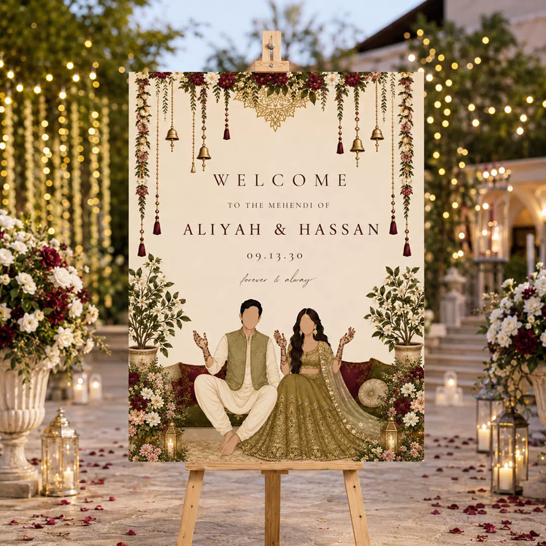 Illustrated Couple Traditional Wedding Welcome Board – Personalised Wedding Welcome Sign UAE - Image 4