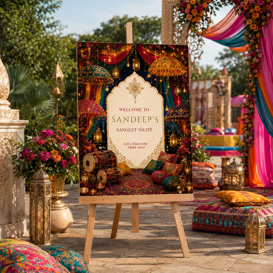 Ornate Red & Gold Sangeet Welcome Board – Personalised Wedding Welcome Sign UAE - Image 2