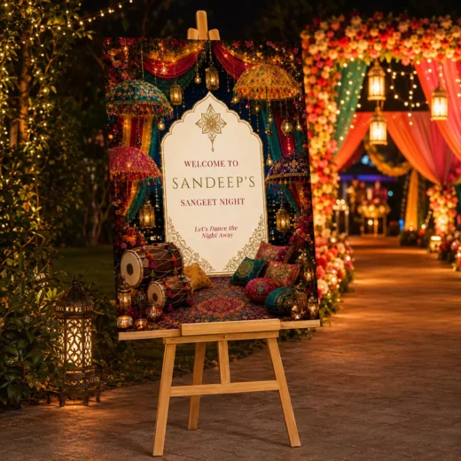 Ornate Red & Gold Sangeet Welcome Board – Personalised Wedding Welcome Sign UAE