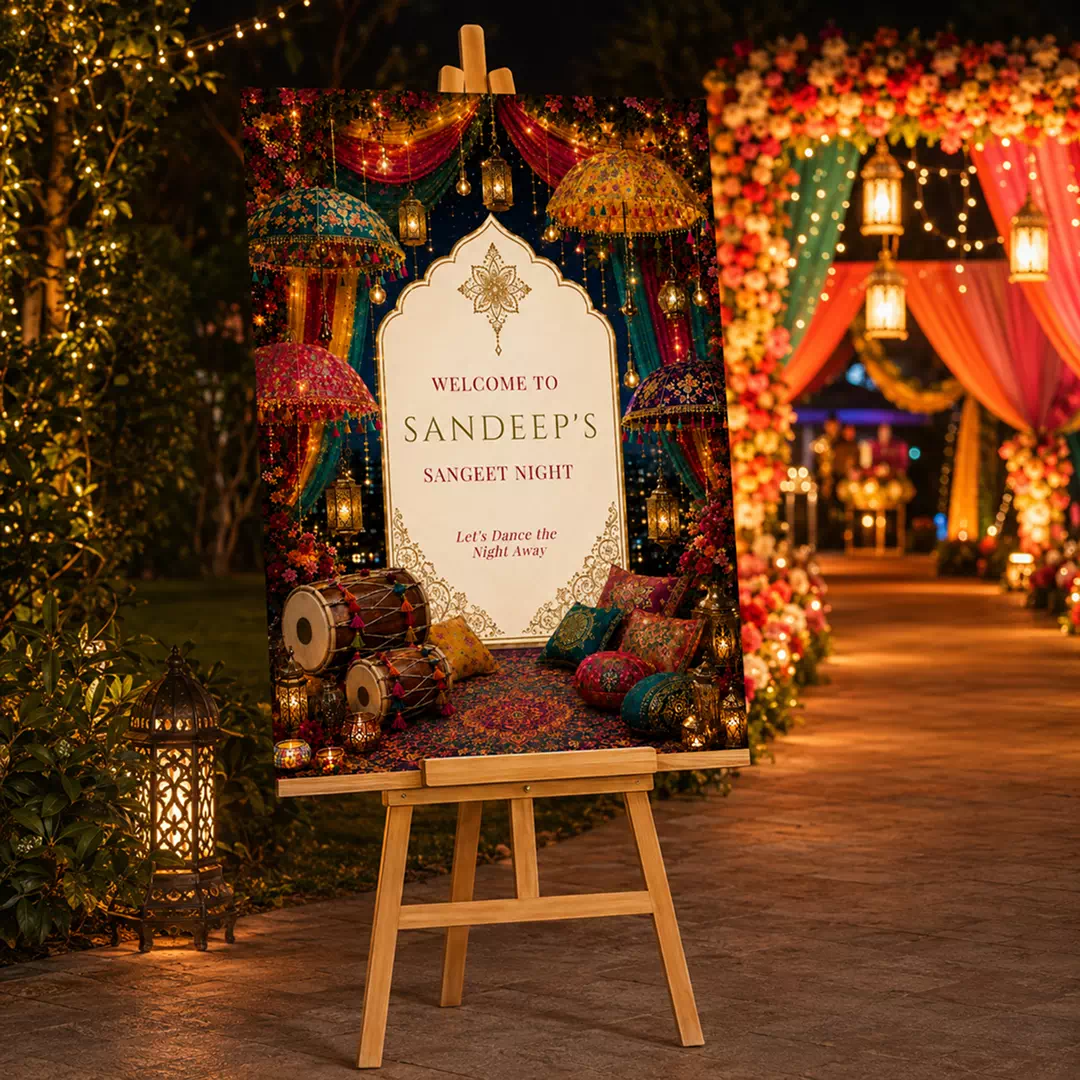Ornate Red & Gold Sangeet Welcome Board – Personalised Wedding Welcome Sign UAE