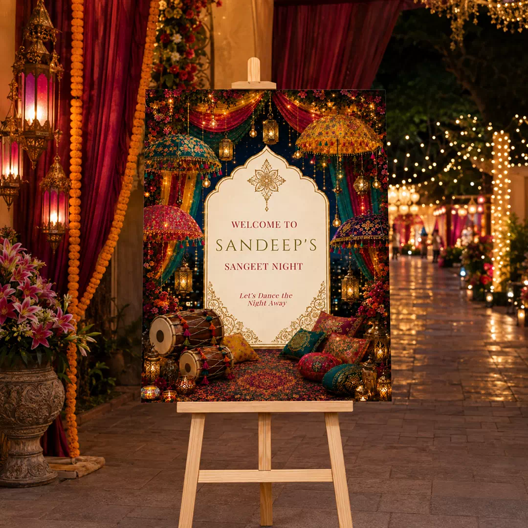 Ornate Red & Gold Sangeet Welcome Board – Personalised Wedding Welcome Sign UAE - Image 4