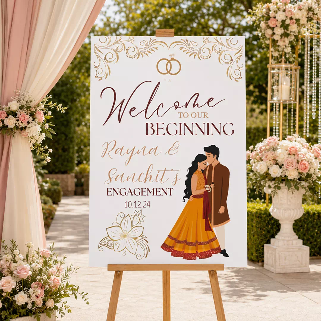Illustrated Engaged Couple Welcome Board – Personalised Wedding Welcome Sign UAE - Image 2