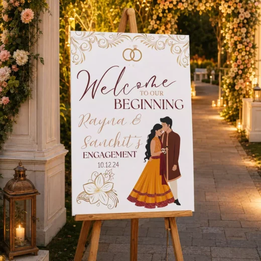 Illustrated Engaged Couple Welcome Board – Personalised Wedding Welcome Sign UAE