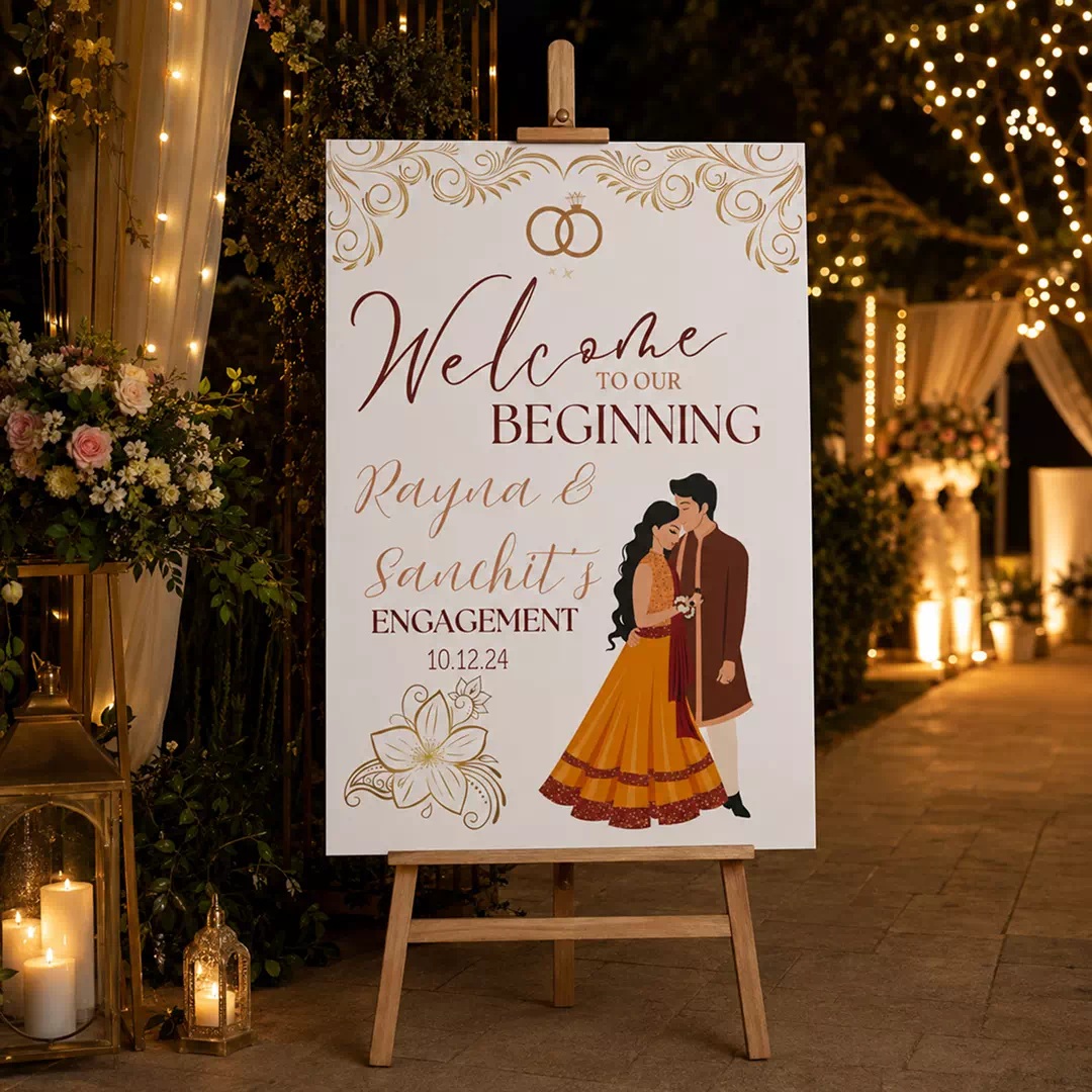 Illustrated Engaged Couple Welcome Board – Personalised Wedding Welcome Sign UAE - Image 4