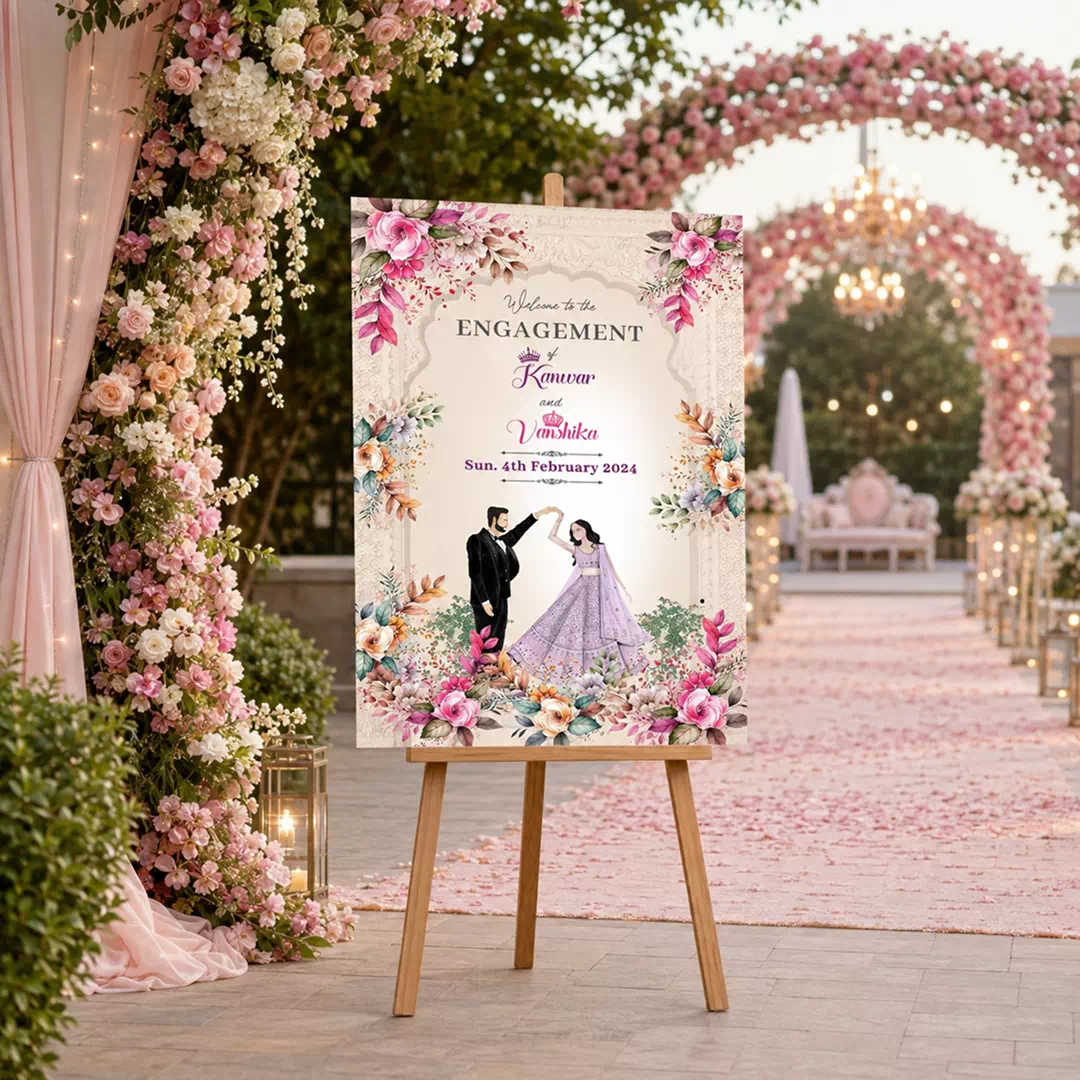 Illustrated Couple Pink Floral Engagement Board – Personalised Wedding Welcome Sign UAE - Image 2