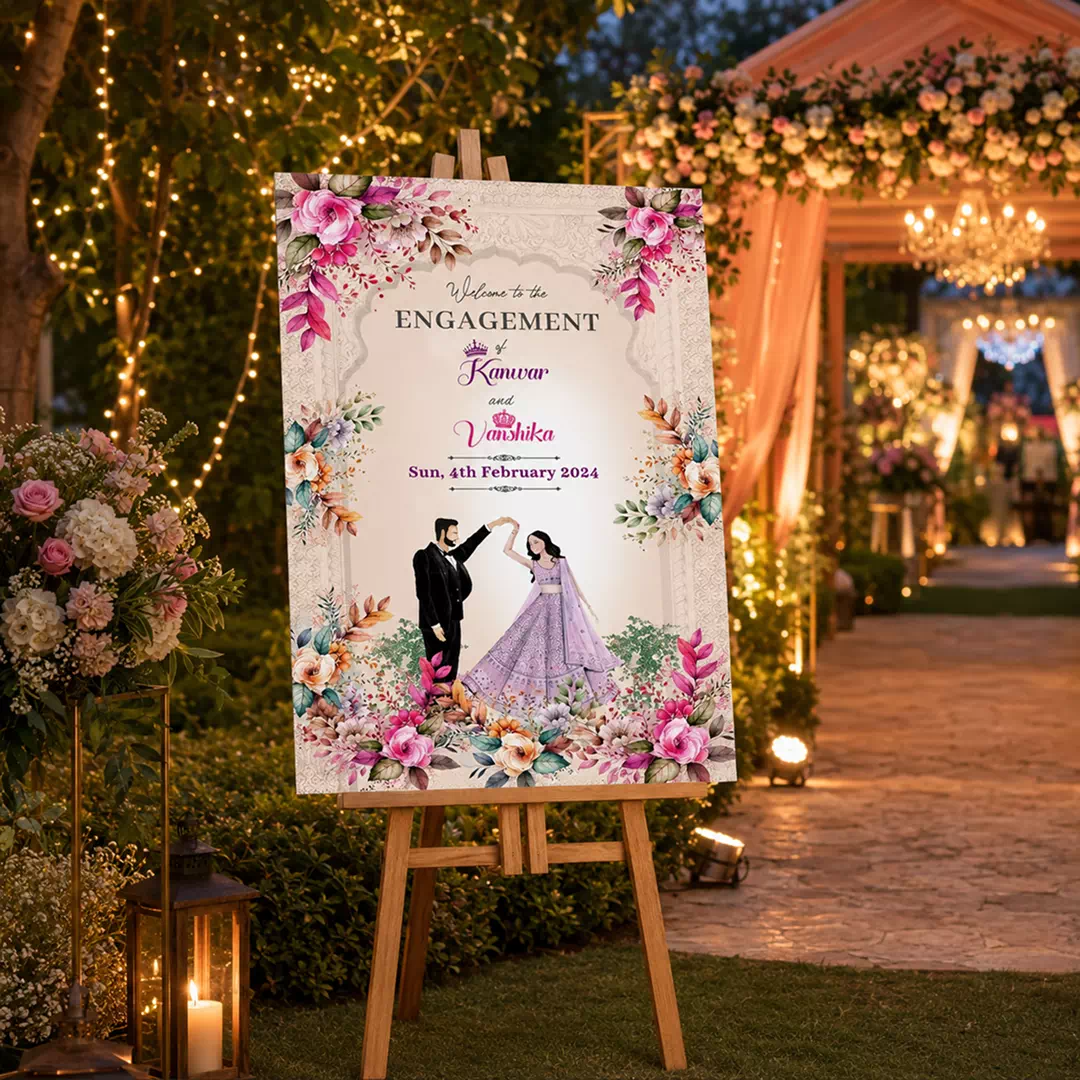 Illustrated Couple Pink Floral Engagement Board – Personalised Wedding Welcome Sign UAE - Image 3
