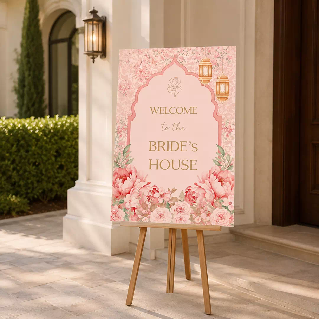 Welcome to Bride's House Pink Floral Board – Personalised Wedding Welcome Sign UAE