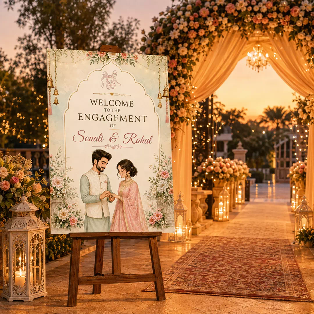 Illustrated Couple Engagement Welcome Board – Personalised Wedding Welcome Sign UAE - Image 3