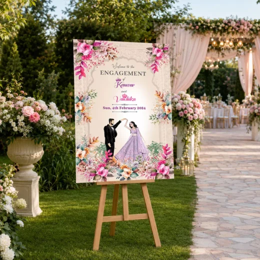 Illustrated Couple Pink Floral Engagement Board – Personalised Wedding Welcome Sign UAE