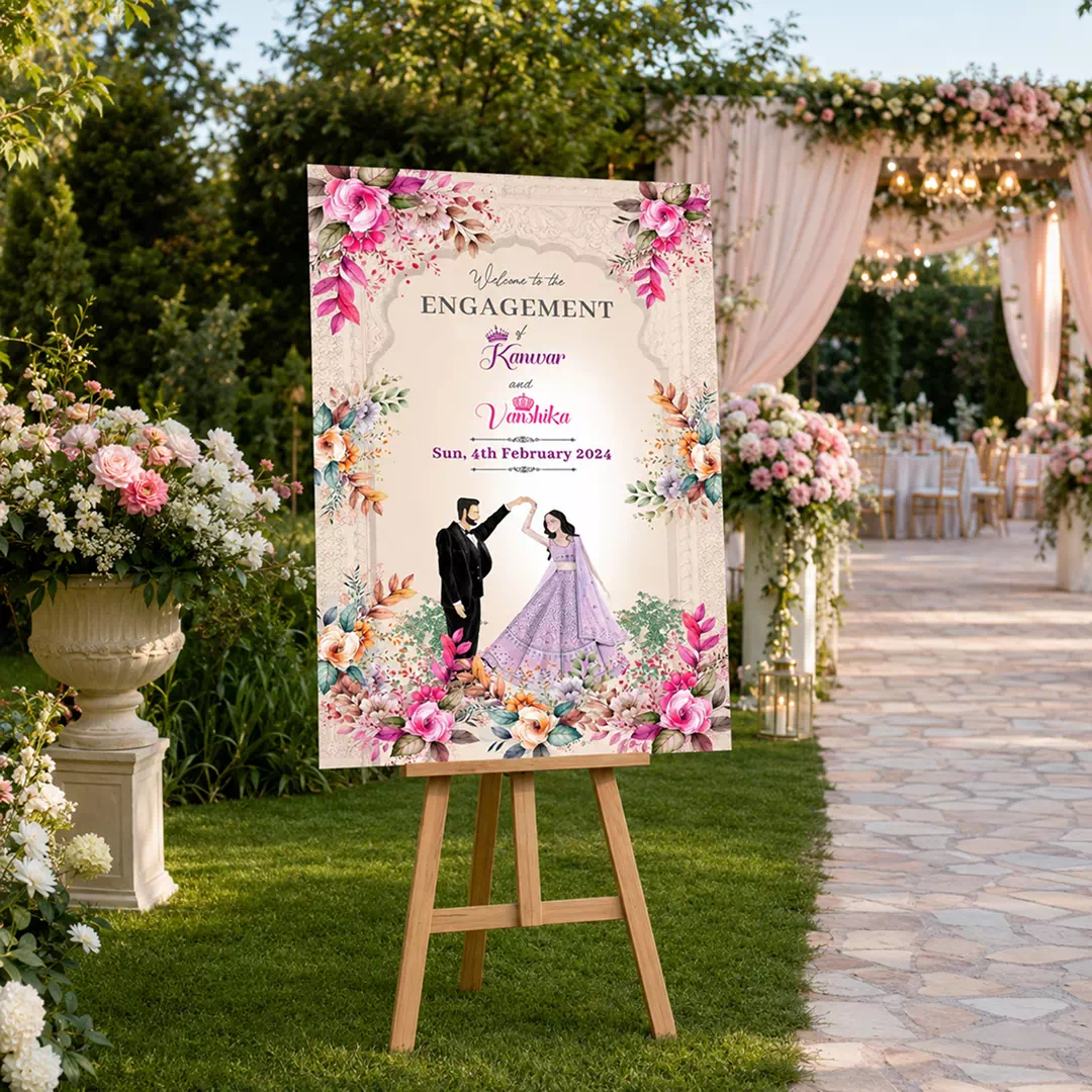 Illustrated Couple Pink Floral Engagement Board – Personalised Wedding Welcome Sign UAE