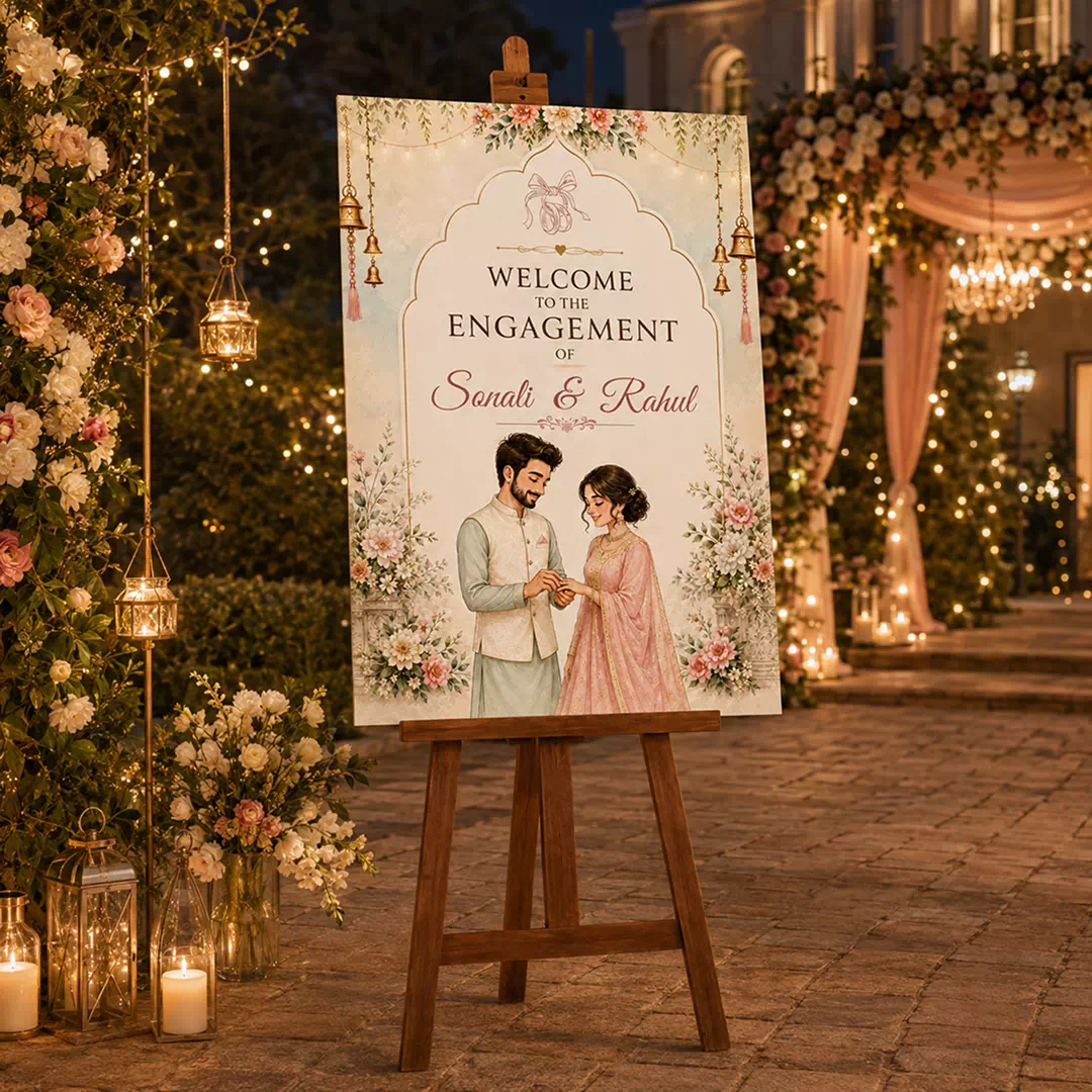 Illustrated Couple Engagement Welcome Board – Personalised Wedding Welcome Sign UAE