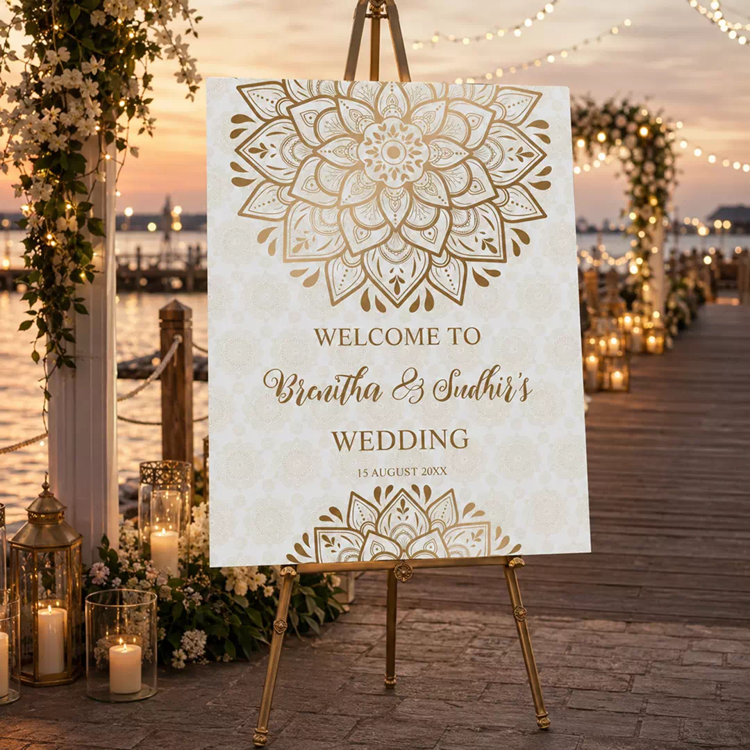 White Gold Mandala Wedding Welcome Board – Personalised Wedding Welcome Sign UAE - Image 2