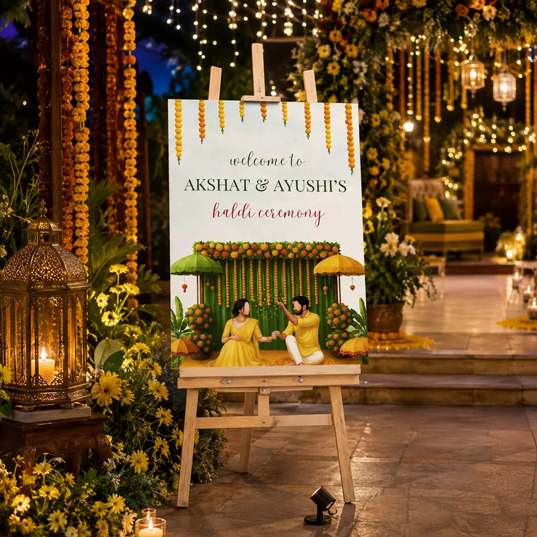 Illustrated Lanterns Haldi Ceremony Welcome Board – Personalised Wedding Welcome Sign UAE - Image 2