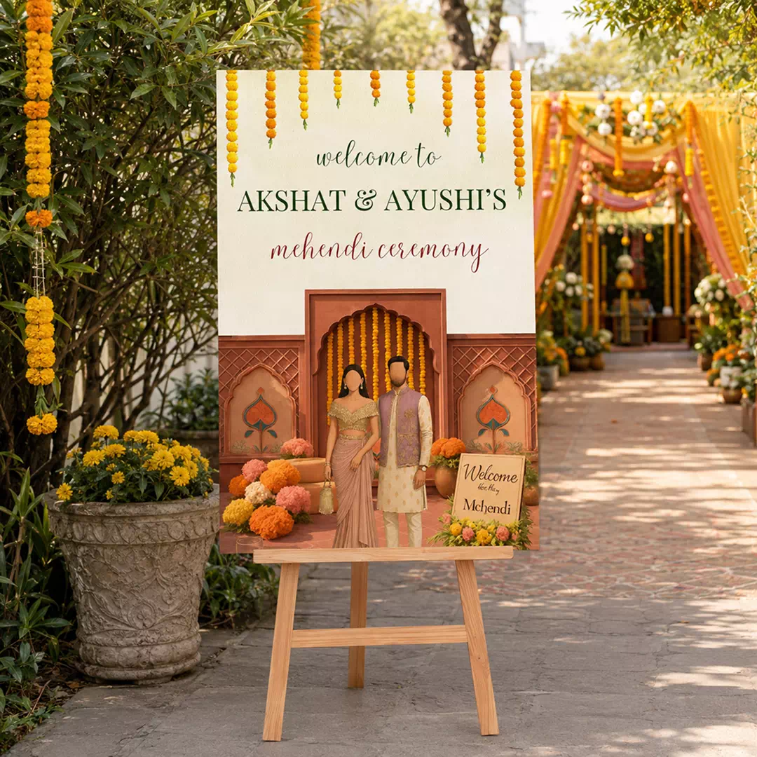 Illustrated Couple String Lights Mehendi Board – Personalised Wedding Welcome Sign UAE - Image 2