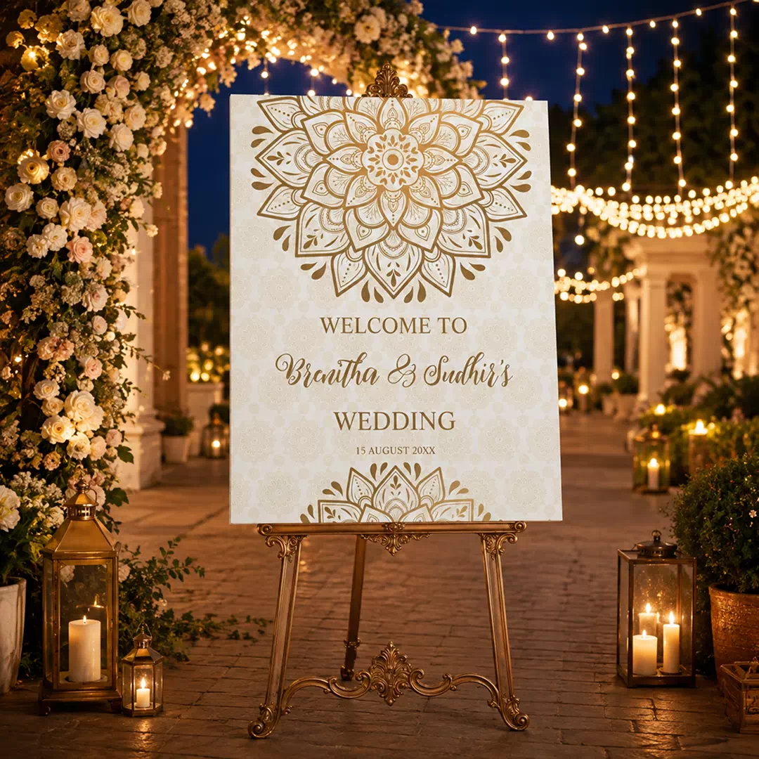 White Gold Mandala Wedding Welcome Board – Personalised Wedding Welcome Sign UAE - Image 3