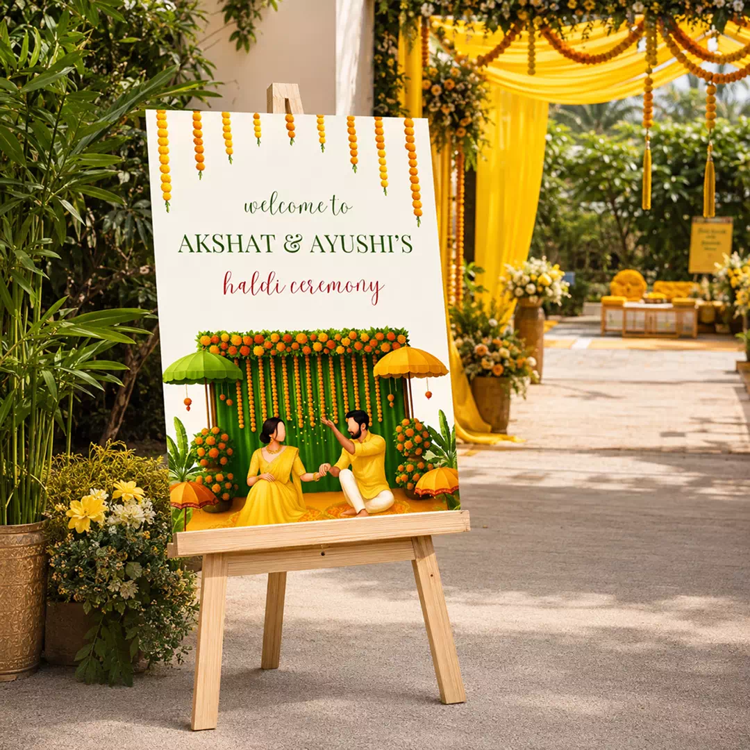 Illustrated Lanterns Haldi Ceremony Welcome Board – Personalised Wedding Welcome Sign UAE