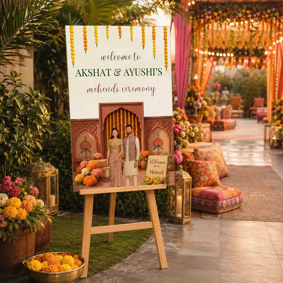 Illustrated Couple String Lights Mehendi Board – Personalised Wedding Welcome Sign UAE - Image 3