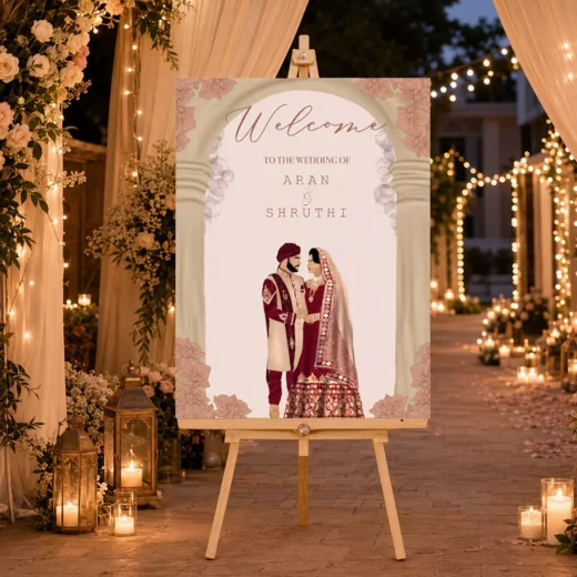 Illustrated Couple Arch Welcome Board – Personalised Wedding Welcome Sign UAE