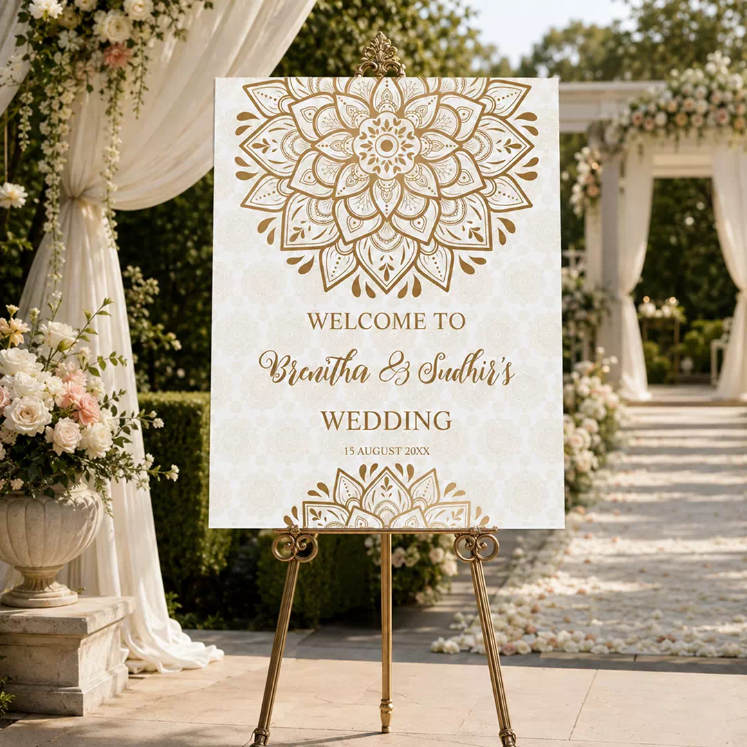 White Gold Mandala Wedding Welcome Board – Personalised Wedding Welcome Sign UAE