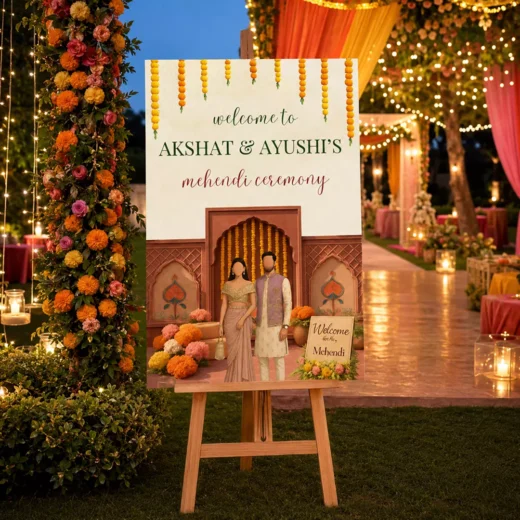 Illustrated Couple String Lights Mehendi Board – Personalised Wedding Welcome Sign UAE