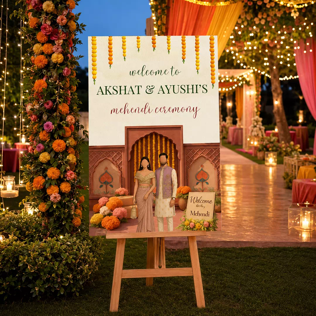 Illustrated Couple String Lights Mehendi Board – Personalised Wedding Welcome Sign UAE