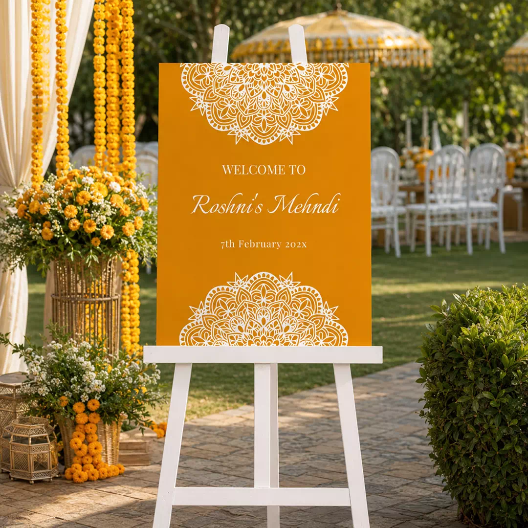 Orange Gold Mandala Mehndi Welcome Board – Personalised Wedding Welcome Sign UAE - Image 2