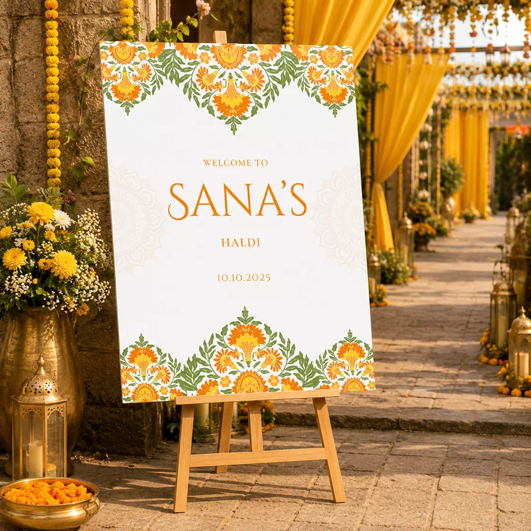Yellow Floral Border Nikah Welcome Board – Personalised Wedding Welcome Sign UAE - Image 2