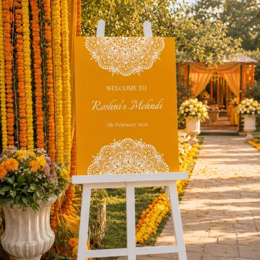Orange Gold Mandala Mehndi Welcome Board – Personalised Wedding Welcome Sign UAE
