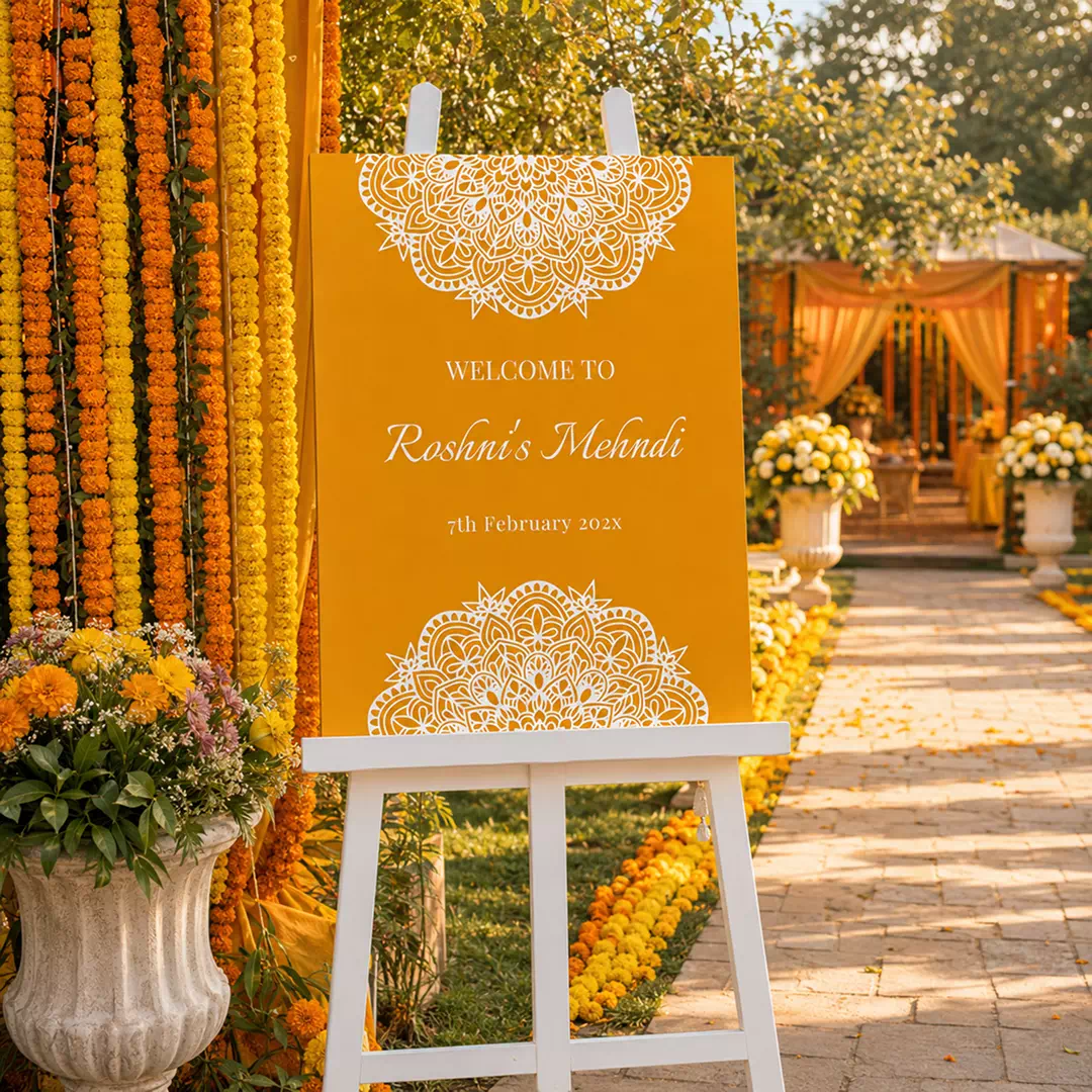 Orange Gold Mandala Mehndi Welcome Board – Personalised Wedding Welcome Sign UAE