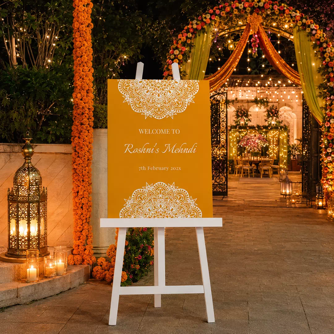 Orange Gold Mandala Mehndi Welcome Board – Personalised Wedding Welcome Sign UAE - Image 4