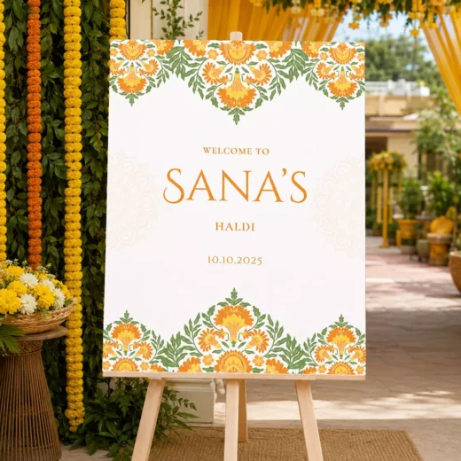 Yellow Floral Border Nikah Welcome Board – Personalised Wedding Welcome Sign UAE