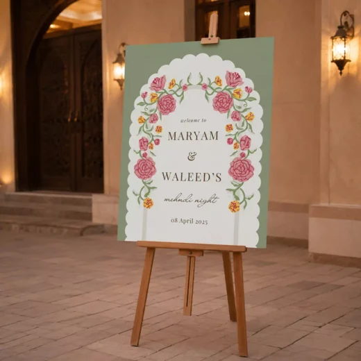 Green Floral Wreath Welcome Board – Personalised Wedding Welcome Sign UAE