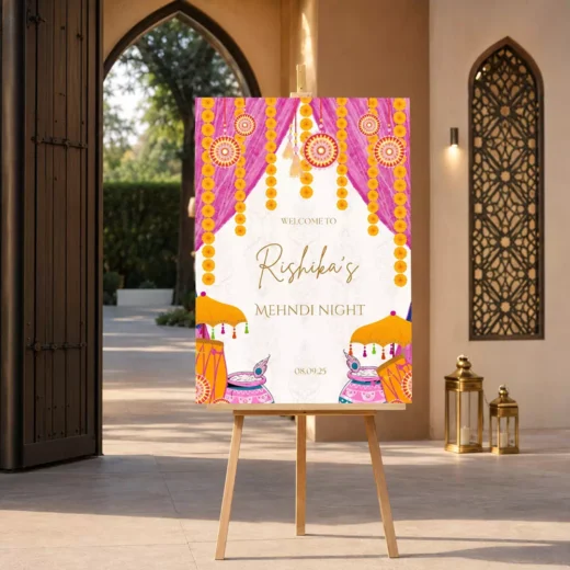 Illustrated Couple Orange Mehendi Welcome Board – Personalised Wedding Welcome Sign UAE
