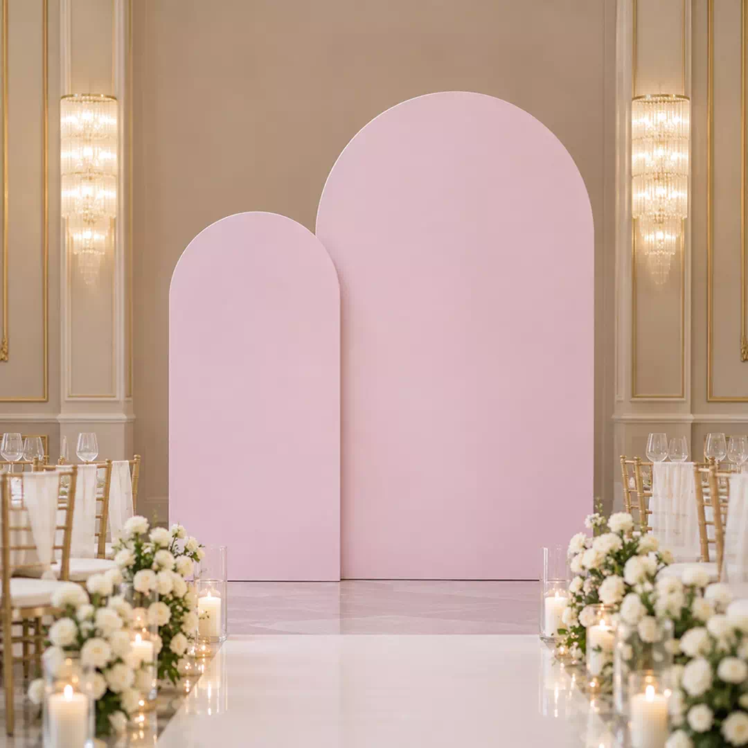Blush Pink Three-Panel Wedding Ceremony Backdrop with Floral Styling - Image 2