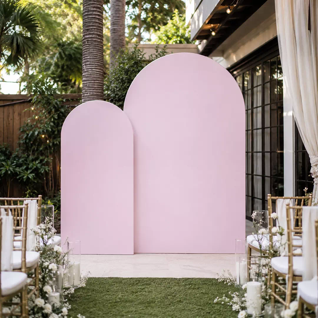 Blush Pink Three-Panel Wedding Ceremony Backdrop with Floral Styling - Image 4