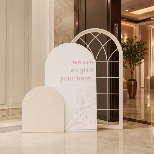 Ivory Window-Arch Wedding Welcome Backdrop with Layered Name Panel