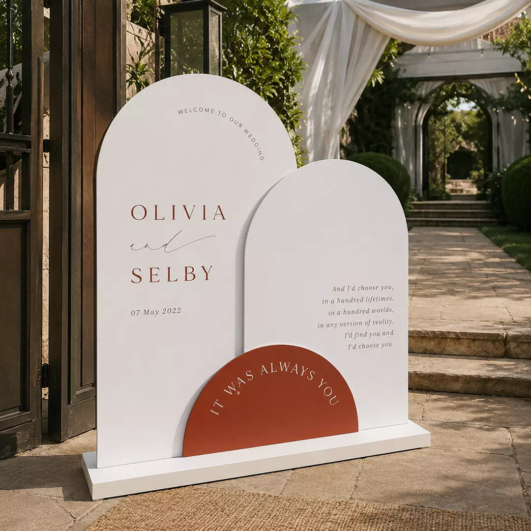 Terracotta & Ivory Three-Panel Wedding Welcome Backdrop with Event Details - Image 2