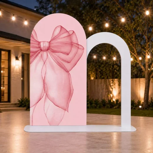 Statement Pink Bow Wedding Welcome Backdrop with White Arch Frame