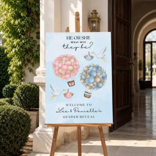 Hot Air Balloon Blue Welcome Board – Personalised Gender Reveal Sign UAE